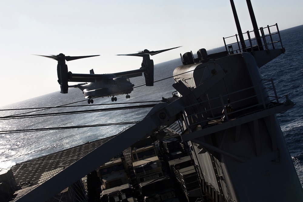 U.S. Air Force CV-22s conduct deck landing qualifications on USS Carter Hall