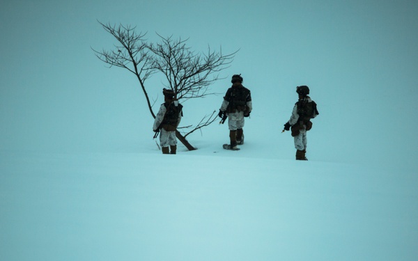 Three military personnel in winter camouflage (white overgarments) are positioned on a snow-covered landscape near a bare, leafless tree. The scene is dominated by a pale blue-teal tonal palette created by overcast winter light and snow. The soldiers appear to be on patrol or conducting a reconnaissance operation in a cold-weather environment.