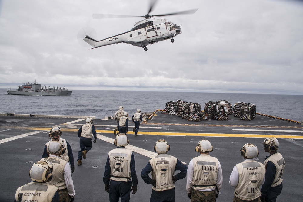 USS Bonhomme Richard (LHD 6) Conducts Replenishment-At-Sea