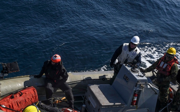 A rigid-hull inflatable boat (RHIB) with four personnel aboard is underway on open ocean water. The crew members are wearing safety helmets in orange, white, and yellow, along with life vests, suggesting a military or coast guard operation. An American flag is visible at the stern of the vessel.