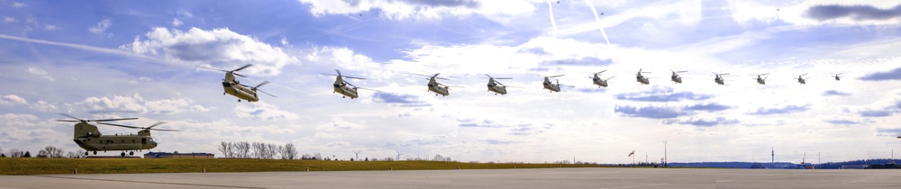 Panoramic CH-47 Chinook helicopter takeoff in Germany