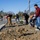 A group of people are engaged in outdoor landscaping or community improvement work in a parking lot median or island area. They are digging and moving soil using shovels and other hand tools, with at least one small shrub or plant visible in the disturbed earth. The setting appears to be a suburban commercial area on a clear, cool day.