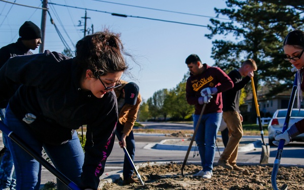 A group of volunteers or workers are engaged in landscaping or ground preparation work along a roadside or median area. Multiple individuals are using shovels and rakes to move and level sandy soil in what appears to be a community service or construction project. The scene takes place on a clear, sunny day in a suburban setting.