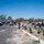 Arbor Day "Adopt an Island" A group of people are engaged in landscaping work in a commercial parking lot area on a clear, sunny day. Workers are using shovels to dig holes and plant potted shrubs along a newly constructed concrete median or curbed island. The scene appears to be a community or commercial property improvement project.