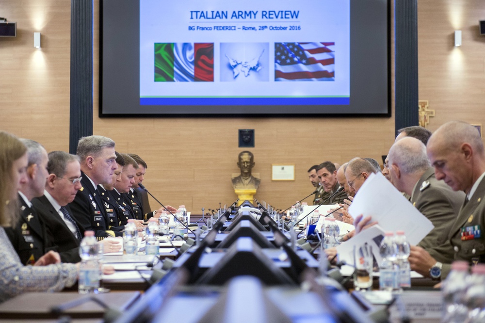 U.S. Army Chief of Staff Gen. Mark A. Milley meets with Italian Chief of the Army Lt. Gen. Danilo Errico and Italian Army soldiers in Rome, Italy, Oct. 28, 2016.