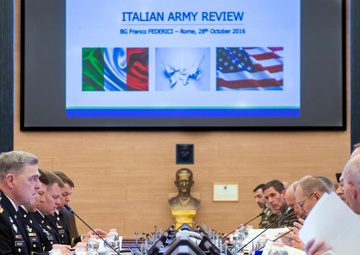 U.S. Army Chief of Staff Gen. Mark A. Milley meets with Italian Chief of the Army Lt. Gen. Danilo Errico and Italian Army soldiers in Rome, Italy, Oct. 28, 2016.
