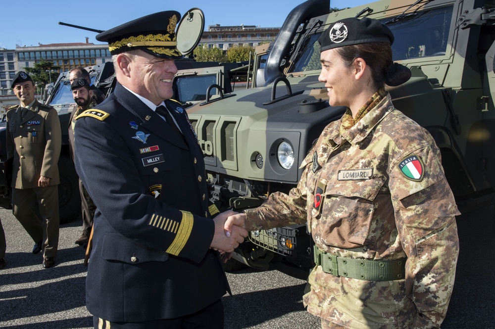 U.S. Army Chief of Staff Gen. Mark A. Milley meets with Italian Chief of the Army Lt. Gen. Danilo Errico and Italian Army soldiers in Rome, Italy, Oct. 28, 2016.