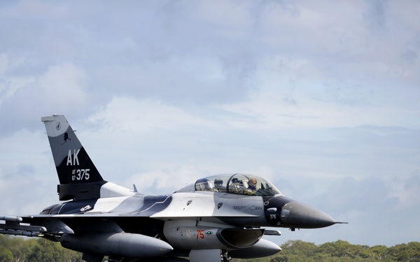 A U.S. Air Force F-16 Fighting Falcon fighter jet with tail code 'AK' and serial number 375 is taxiing on a runway. The aircraft bears Alaska Air National Guard markings and features a two-tone gray paint scheme with a special '75' anniversary marking on the fuselage. A pilot is visible in the cockpit as the aircraft moves along the tarmac surrounded by green grass and a partly cloudy sky.