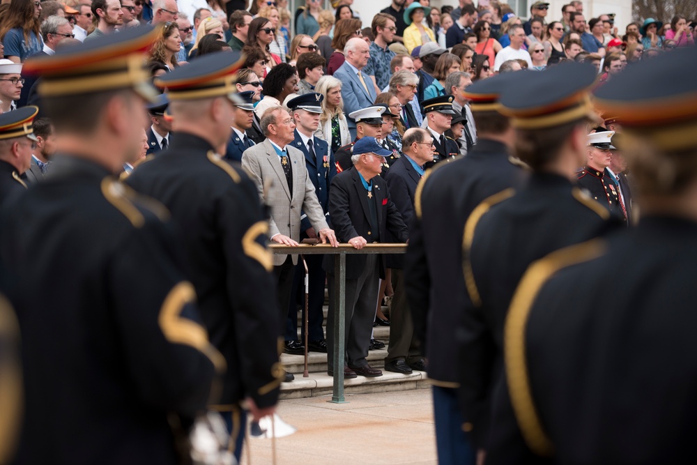 Medal of Honor recipients place a wreath at the Tomb of the Unknown Soldier in Arlington National Cemetery