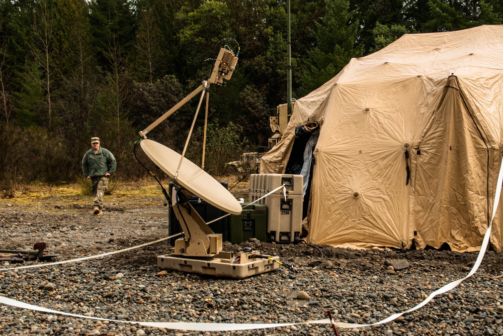 A very small aperture terminal (VSAT) provides long-distance communication capabilities at the 301st Maneuver Enhancement Brigade tactical command post