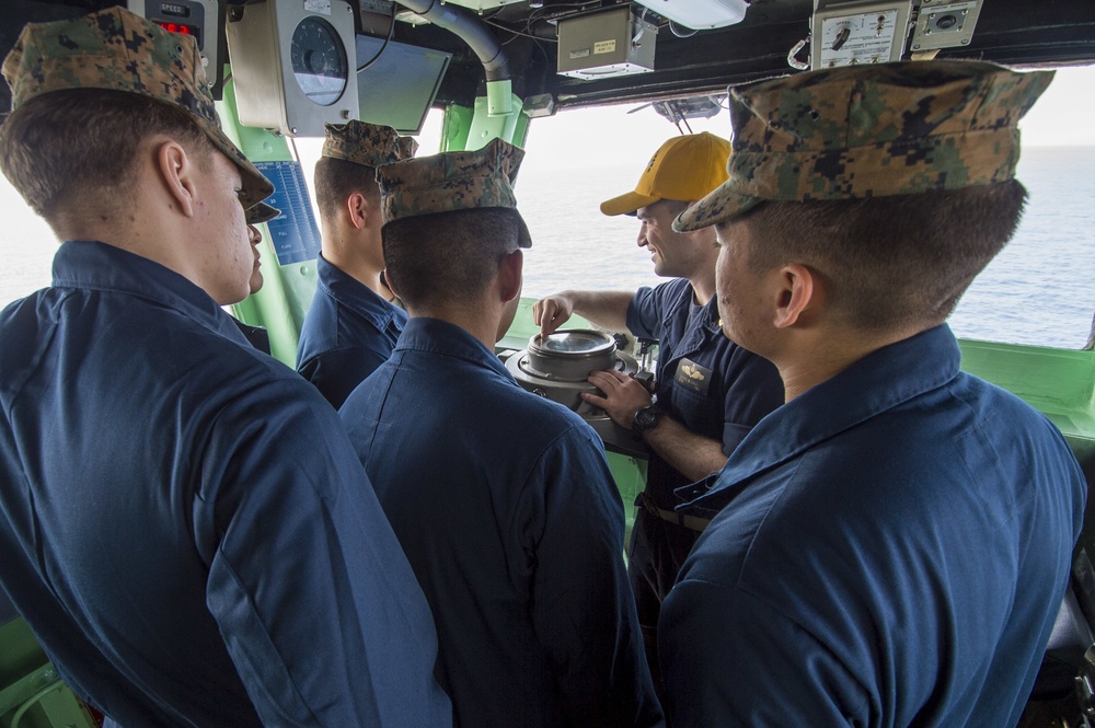 USS Bonhomme Richard (LHD 6) 31st MEU Marines tour the Bridge