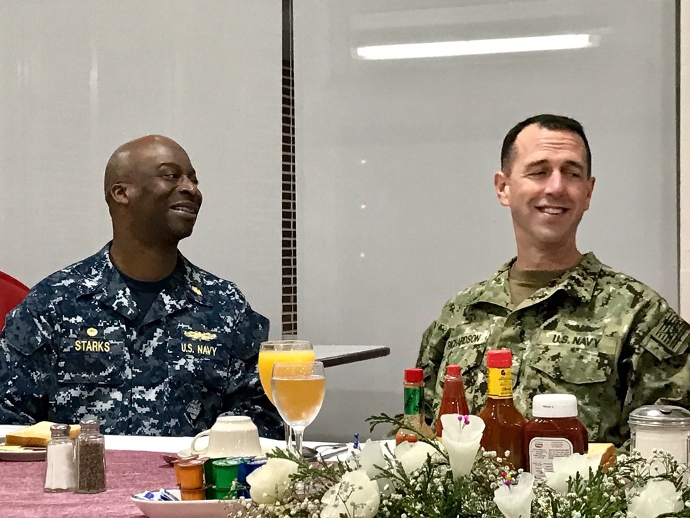 Adm. John Richardson, Chief of Naval Operations and Capt. Lavencion V. Starks, commanding officer,  U.S. Naval Hospital Rota, discuss the hospital’s health care within the region
