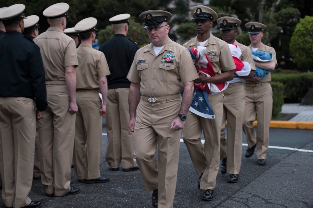 Chief petty officers from U.S. 7th Fleet and USS Blue Ridge (LCC 19) honor fallen chiefs on the day of the 124th birthday of the chief petty officers rank