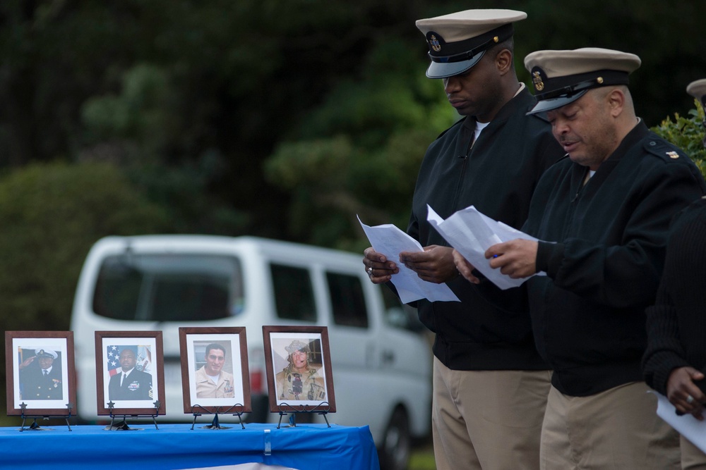 Chief petty officers from U.S. 7th Fleet and USS Blue Ridge (LCC 19) honor fallen chiefs on the day of the 124th birthday of the chief petty officers rank