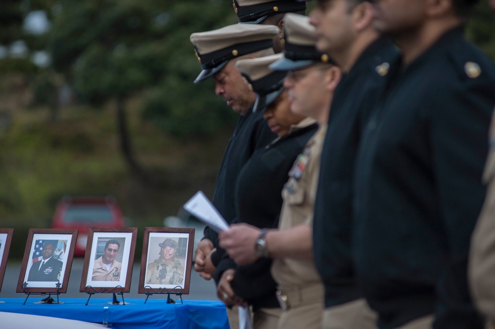 Chief petty officers from U.S. 7th Fleet and USS Blue Ridge (LCC 19) honor fallen chiefs on the day of the 124th birthday of the chief petty officers rank