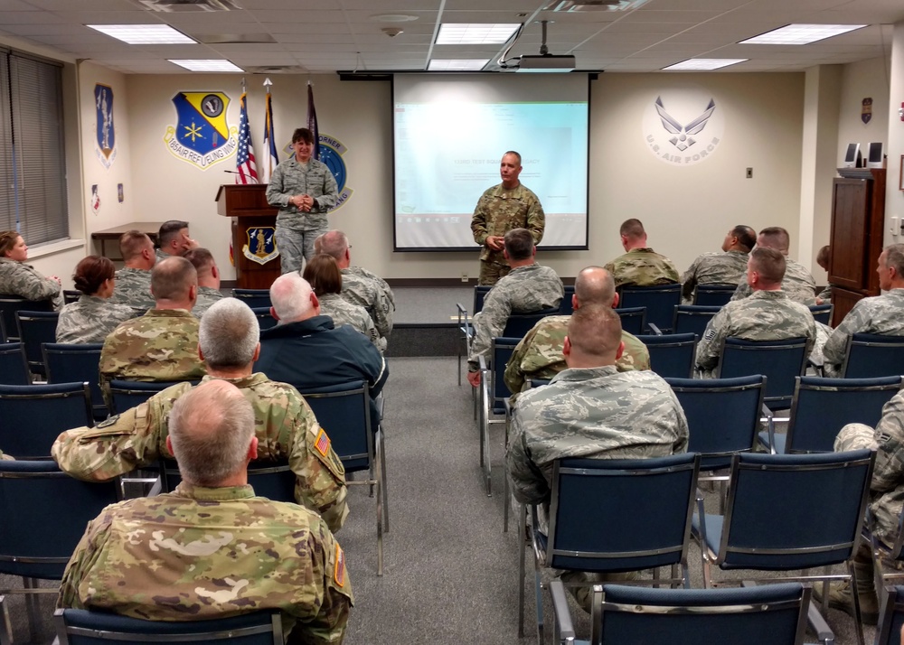 Maj. Gen. Tim Orr visits with Iowa Air and Army Guard members in Fort Dodge.