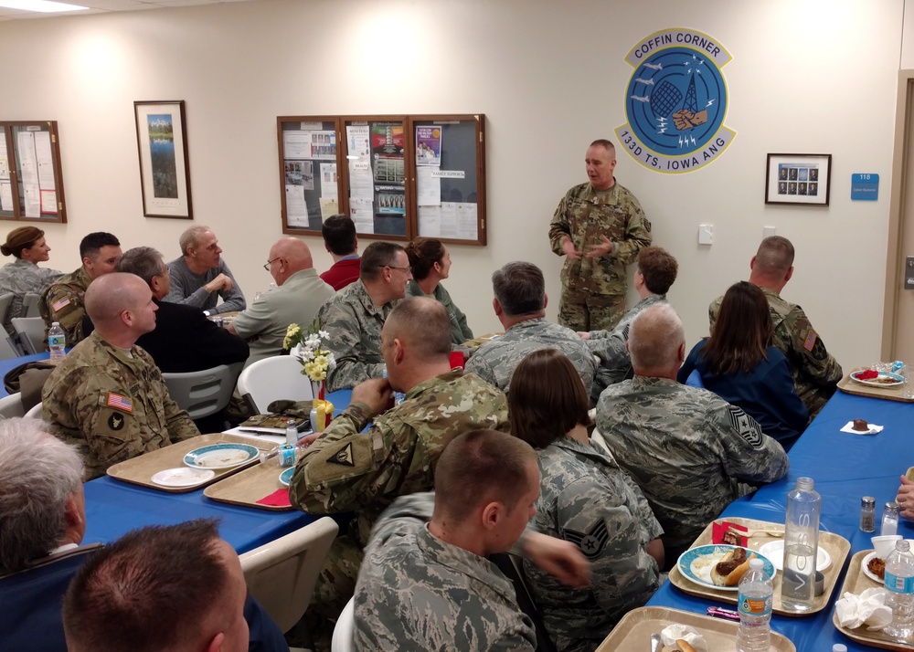 Maj. Gen. Tim Orr visits with Iowa Air and Army Guard members in Fort Dodge.