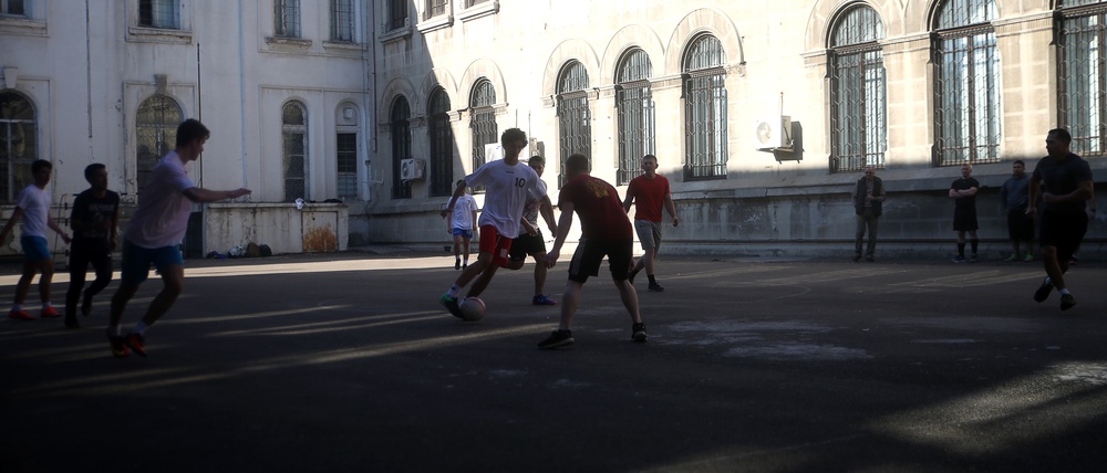BSRF Marines play soccer with Romanian locals