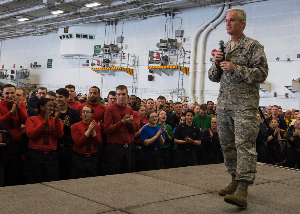 The George H.W. Bush Carrier Strike Group is deployed in the U.S. 5th Fleet area of operations in support of maritime security operations designed to reassure allies and partners, and preserve the freedom of navigation an the free flow of commerce in the