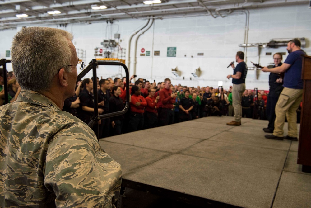 The George H.W. Bush Carrier Strike Group is deployed in the U.S. 5th Fleet area of operations in support of maritime security operations designed to reassure allies and partners, and preserve the freedom of navigation an the free flow of commerce in the