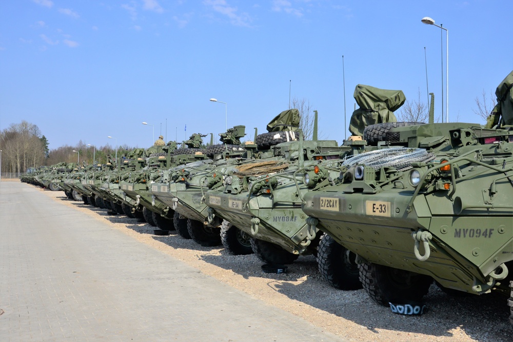 2nd Cavalry Regiment Battle Group Poland, Stryker armored vehicles sit in the motor pool 