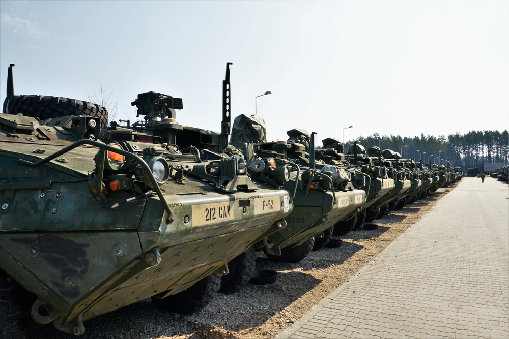 Stryker armored vehicles in a motor pool 