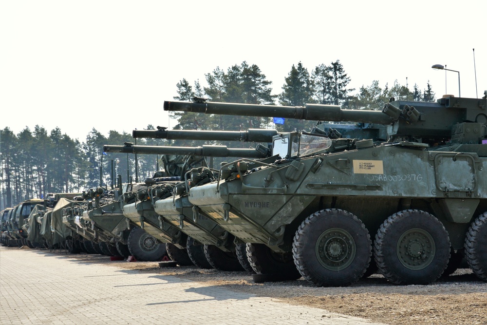 2nd Cavalry Regiment Battle Group Poland, Stryker armored vehicles sit in the motor pool in Orzysz, Poland