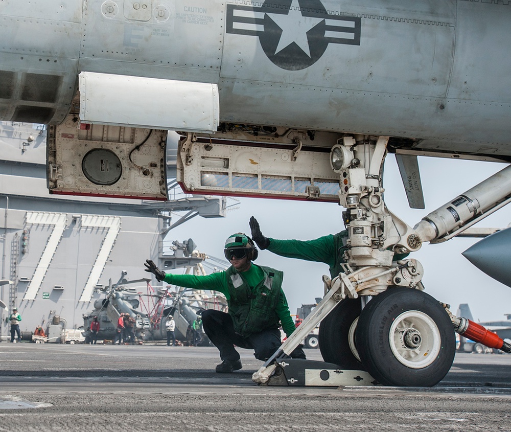 The ship is the flagship of Carrier Strike Group (CSG) 2, which is comprised of the staff of CSG-2; The ship; the nine squadrons and staff of Carrier Air Wing (CVW) 8; Destroyer Squadron (DESRON) 22 staff and guided-missile destroyers USS Laboon (DDG 58)