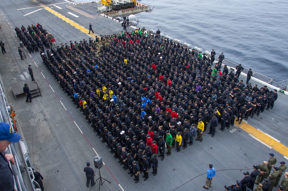 All-Hands call aboard USS Bonhomme Richard (LHD 6)