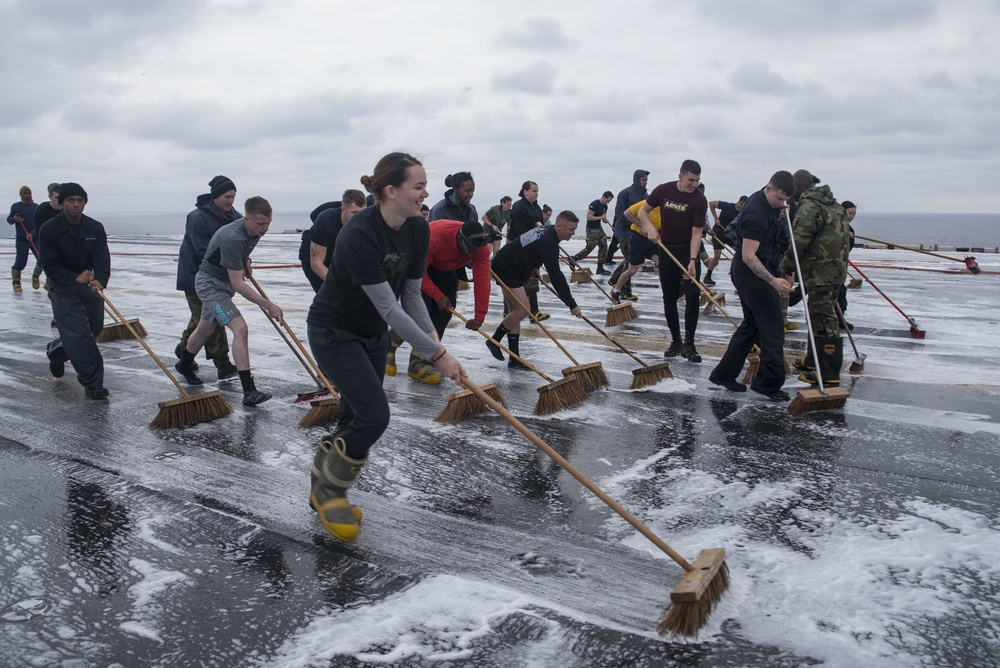 USS Bonhomme Richard (LHD 6) Air Department Sailors Conduct AFFF Scrub Down