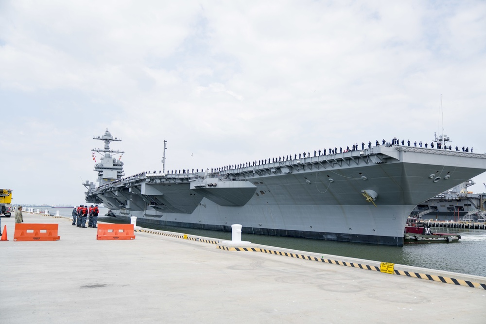 The future USS GERALD R. FORD (CVN 78) arrives at Naval Station Norfolk
