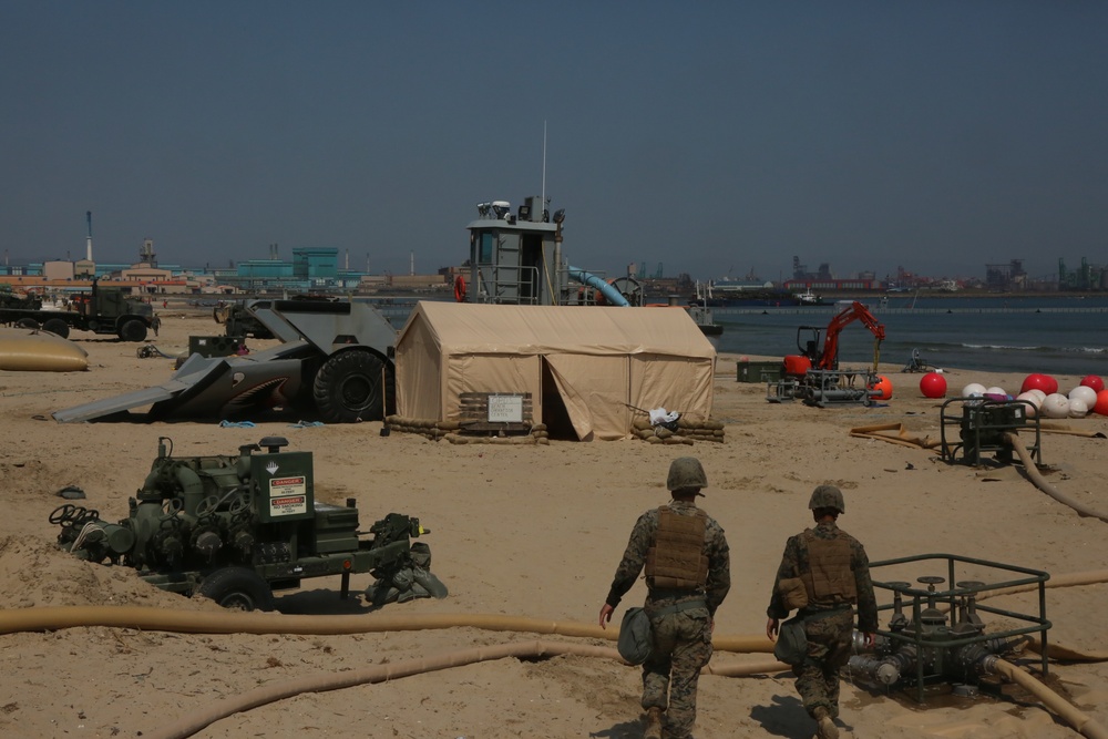 U.S. and ROK Marines who worked together to assemble and maintain the Amphibious Assault Fuel System pose together, April 13, 2017, at the high water mark component of the AAFS along Dogu beach at Pohang during exercise Operation Pacific Reach '17.