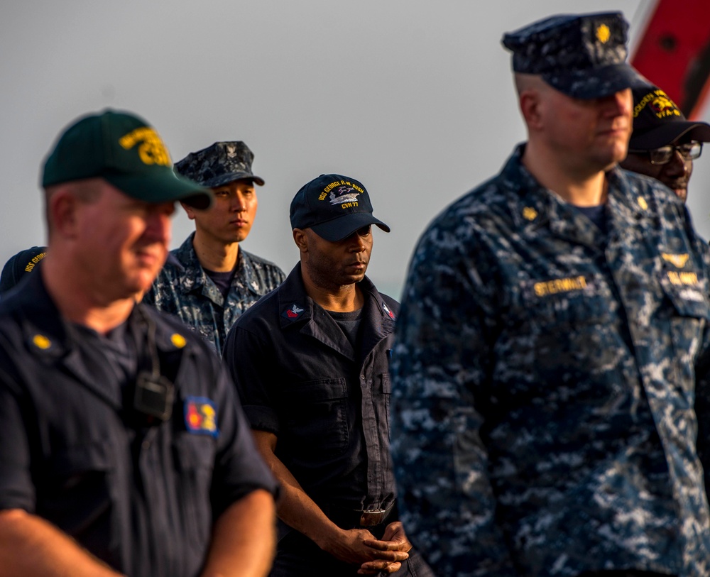 GHWB is the flagship of Carrier Strike Group (CSG) 2, which is comprised of the staff of CSG-2; GHWB; the nine squadrons and staff of Carrier Air Wing (CVW) 8; Destroyer Squadron (DESRON) 22 staff and guided-missile destroyers USS Laboon (DDG 58) and USS