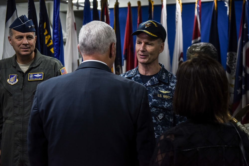 Vice President Pence is Greeted by Vice Adm. Joseph Aucoin