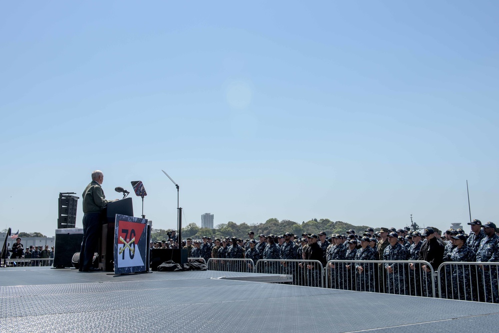 Vice President Michael R. Pence Addresses Service Members on the Flight Deck of USS Ronald Reagan (CVN 76)