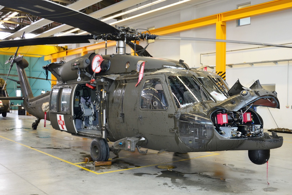 Black Hawk in hanger for maintenance.