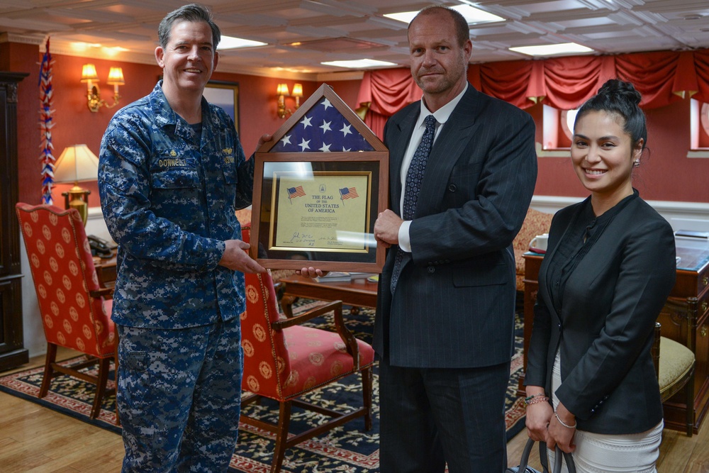 Mr. Cord Sterling, Ms. Thuc Minh Nguyen, and Capt. Buzz Donnelly Pose for a Photo in the CO’s Inport Cabin