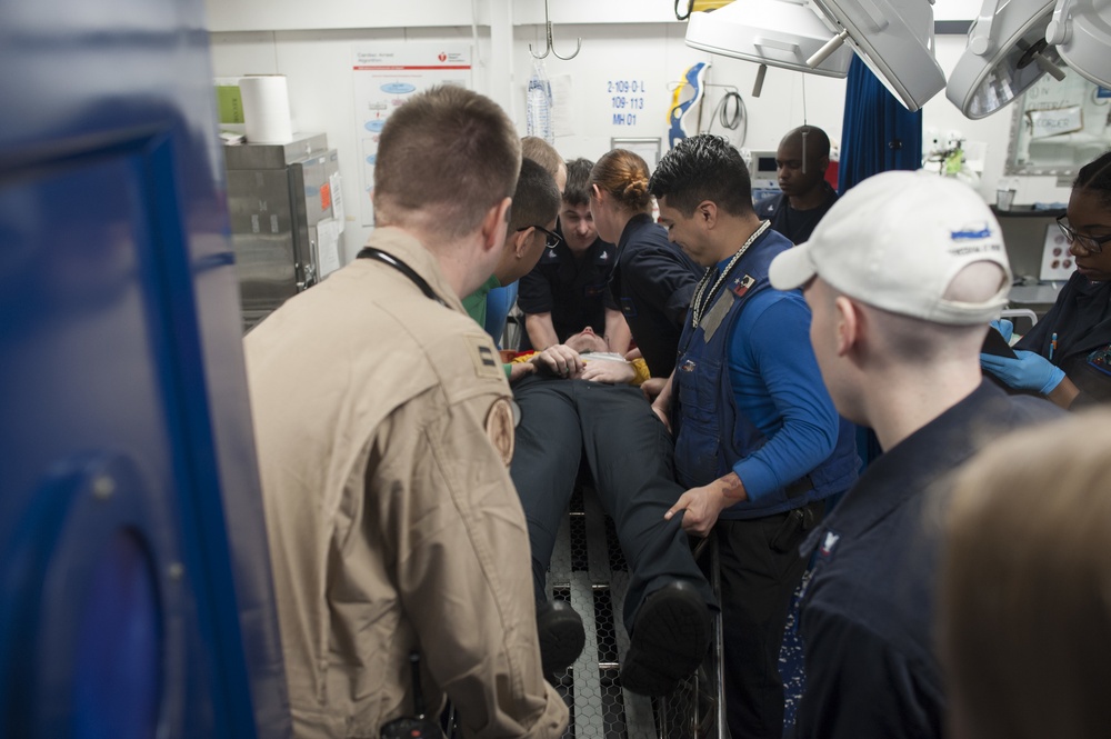 The George H.W. Bush Carrier Strike Group is deployed in the U.S. 5th Fleet area of operations in support of maritime security operations designed to reassure allies and partners, and preserve the freedom of navigation an the free flow of commerce in the