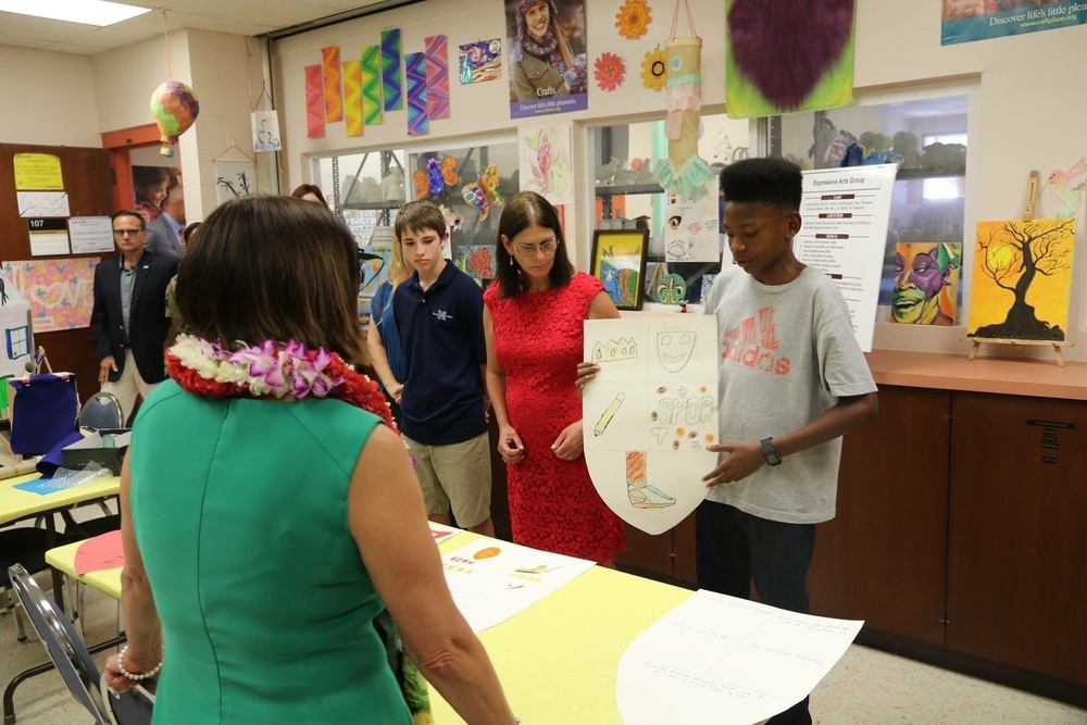 Karen Pence hears from art therapy participants