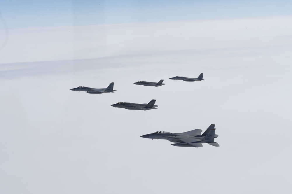 F-35A and F-15C 5-Ship Formation over Europe