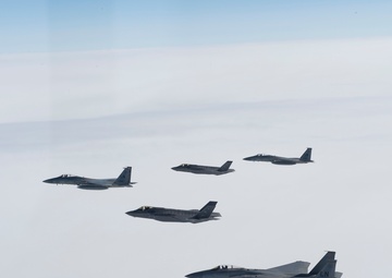F-35A and F-15C 5-Ship Formation over Europe