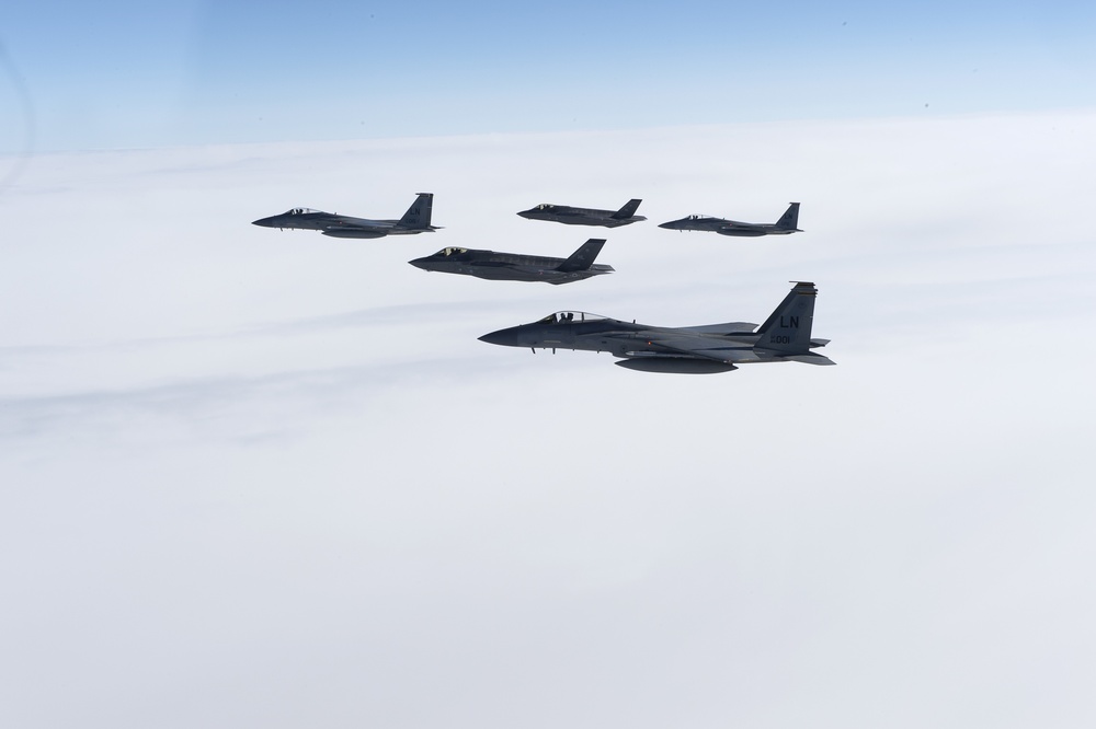 F-35A and F-15C 5-Ship Formation over Europe