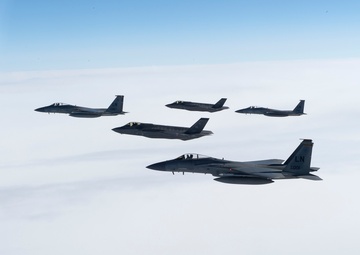 F-35A and F-15C 5-Ship Formation over Europe
