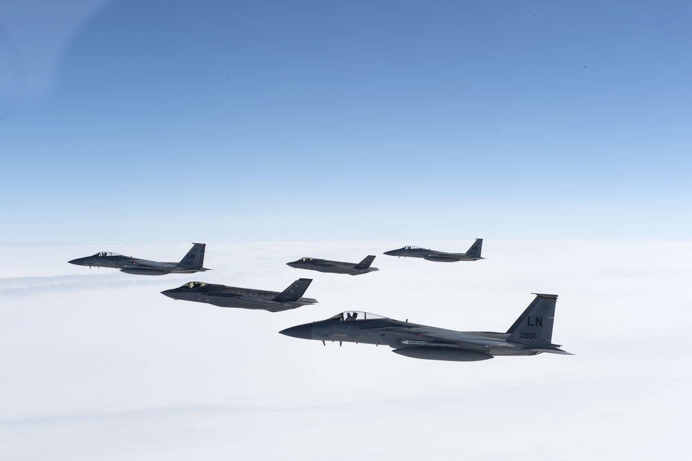 F-35A and F-15C 5-Ship Formation over Europe