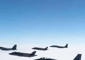 F-35A and F-15C 5-Ship Formation over Europe