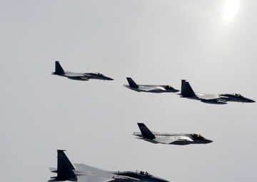 F-35A and F-15C 5-Ship Formation over Europe