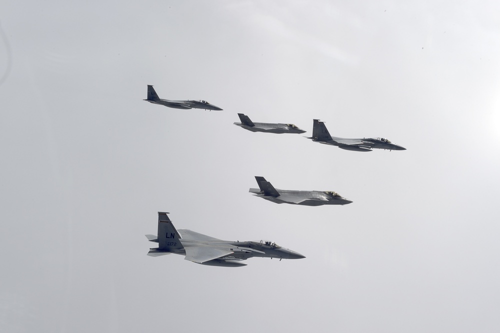 F-35A and F-15C 5-Ship Formation over Europe