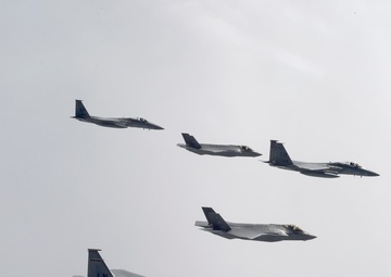 F-35A and F-15C 5-Ship Formation over Europe