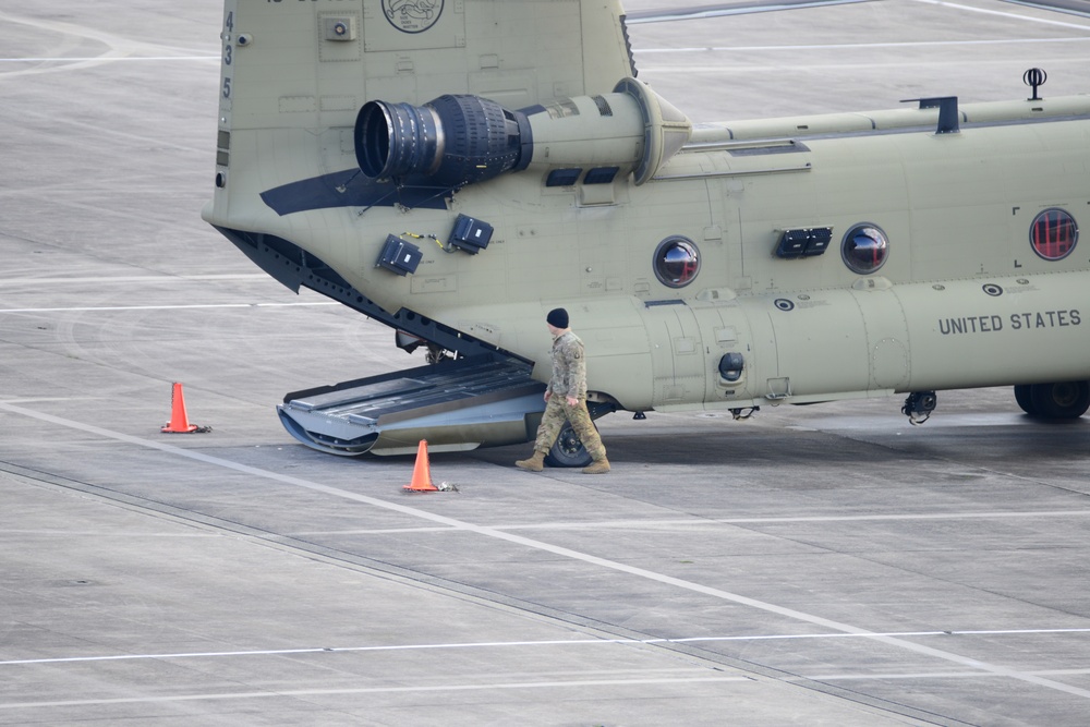 U.S. Army Air Crews conduct routine maintenance on a CH-47