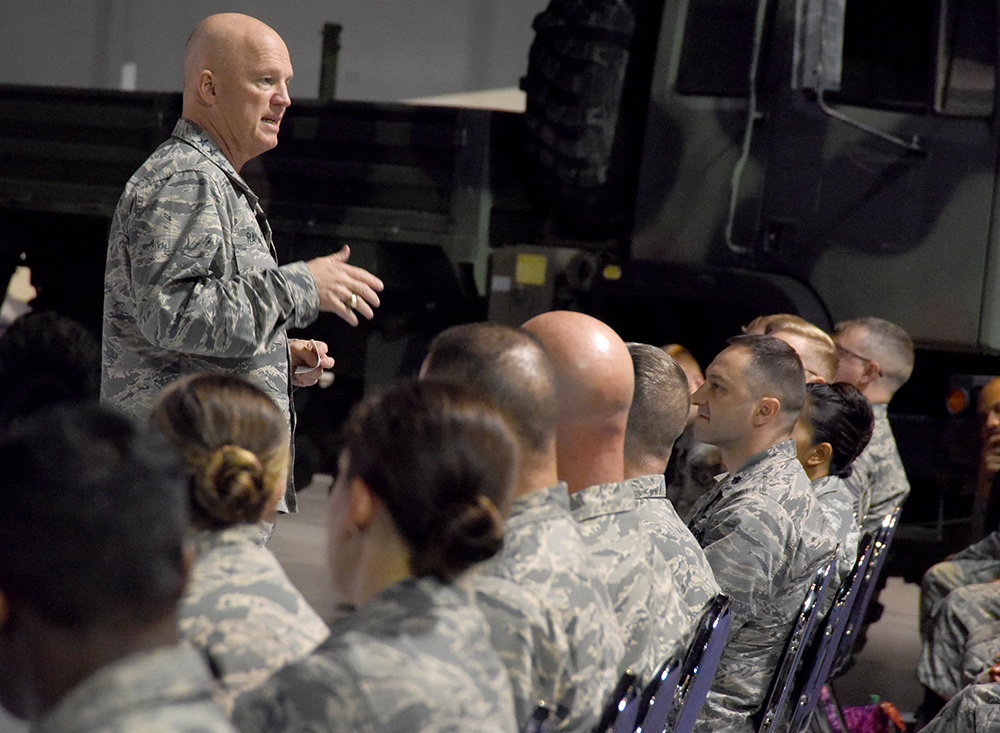 General John Raymond Commander and Chief Brendan Criswell Command Chief, Air Force Space Command visit 5th Combat Communications Group